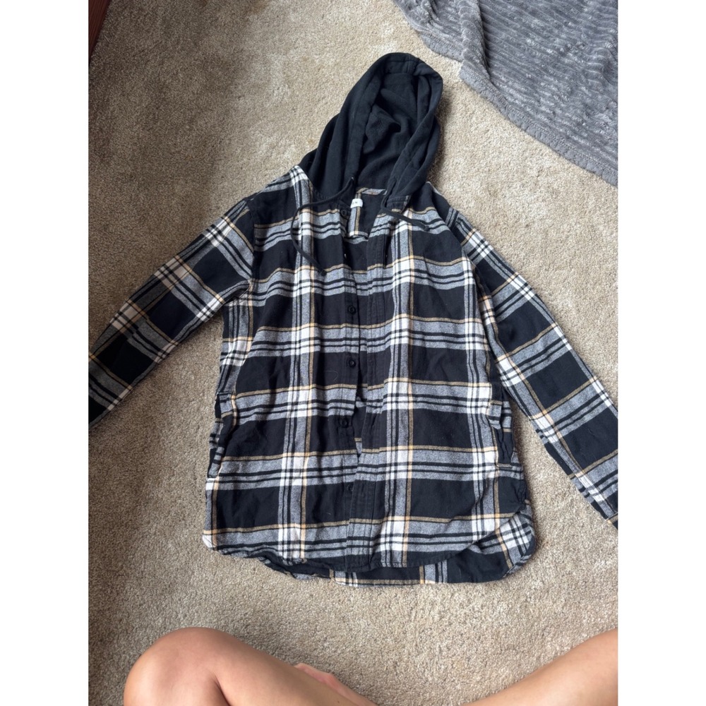 PacSun Womens Plaid Hooded Flannel Shirt Black White Tan Long Sleeve Small